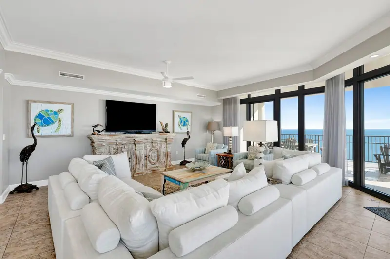 Living room with floor-to-ceiling Gulf-view windows